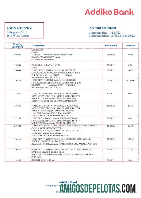 Austria Addiko Bank extrato bancário amostra